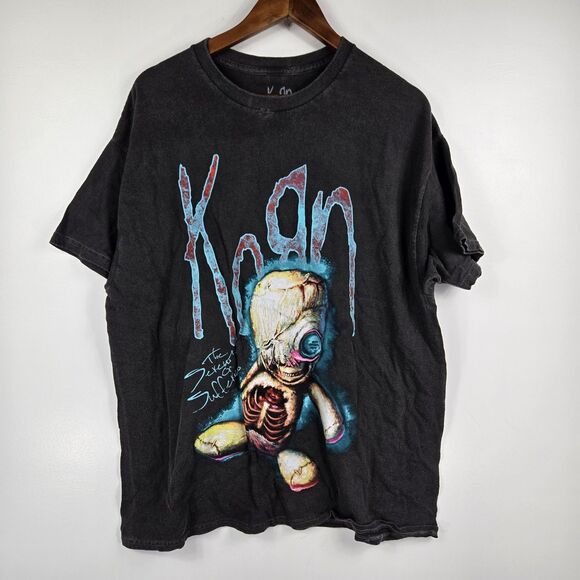 Korn Size Large Charcoal Gray Short Sleeve T Shirt Distressed - Picture 1 of 3